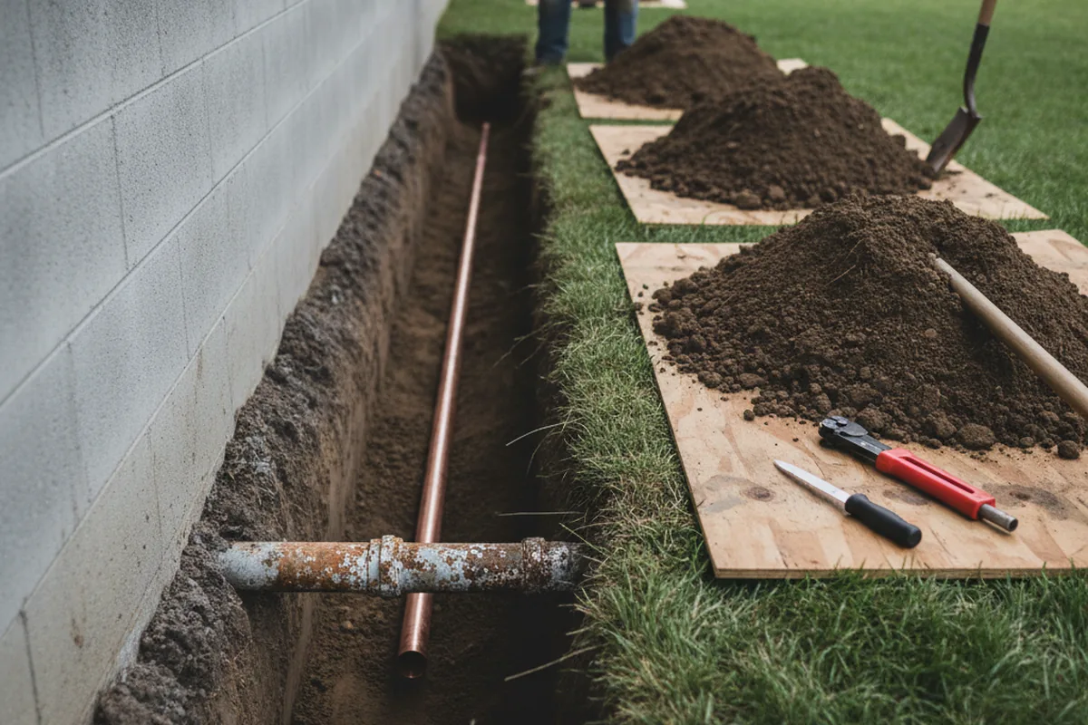 Excavated water line trench during Sewer Line Repair in Anchorage